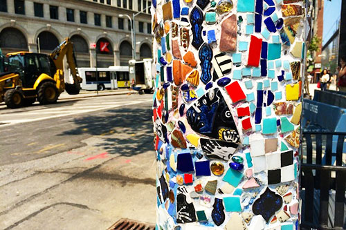 Light pole mosaic art close-up. 